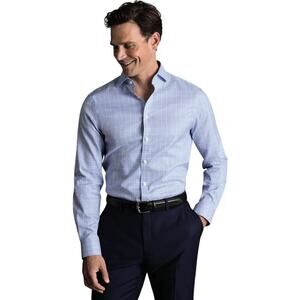 Charles Tyrwhitt Men's Sky Blue Non Iron Windowpane Check Slim Fit Shirt